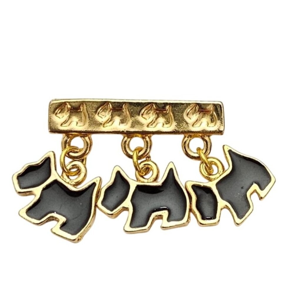 Agatha Paris Scottie Dog Charm Bar Brooch Black Enamel Gold Tone Pin Signed J568
